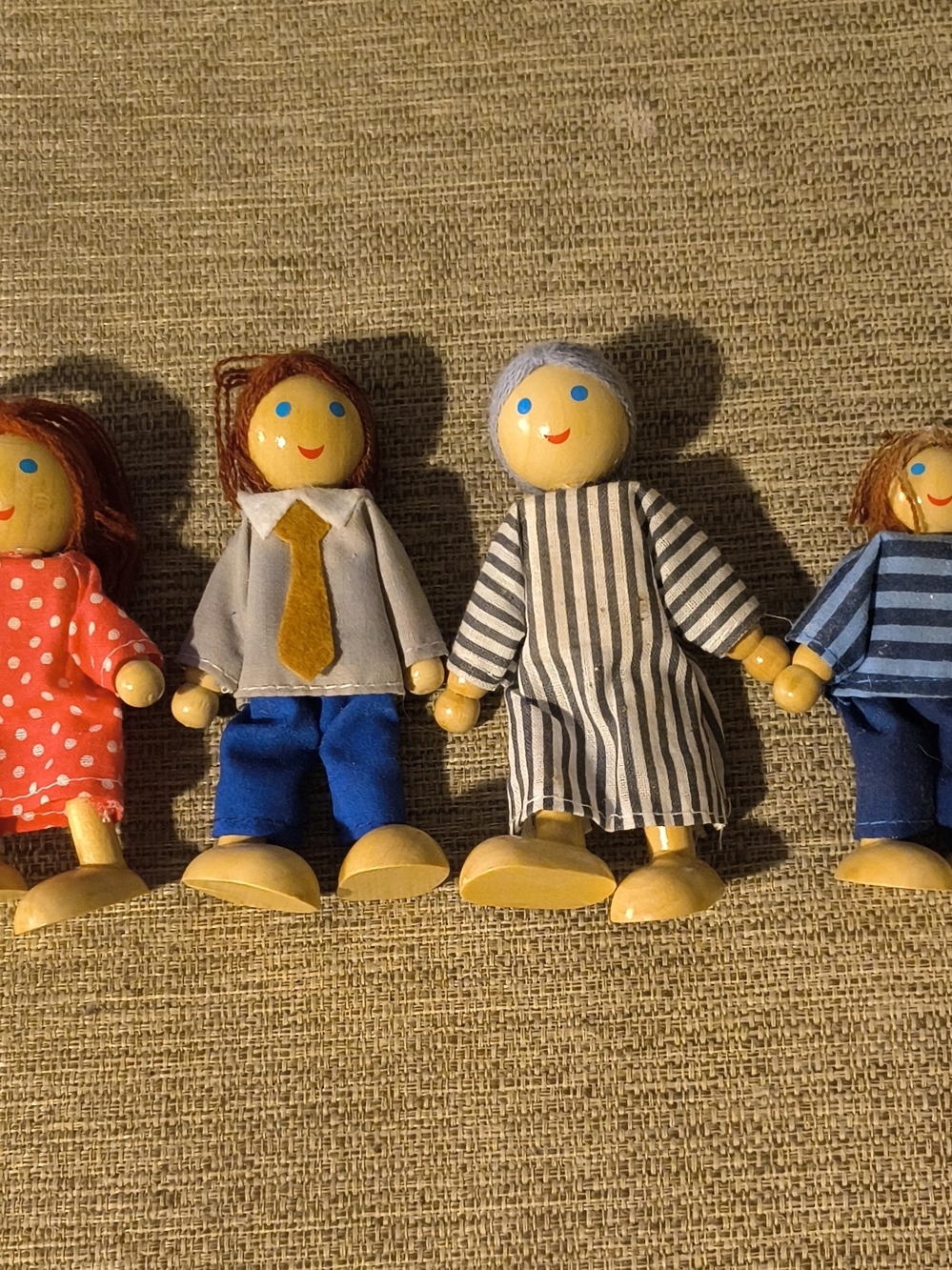 Wooden Toy Doll Figure in Blue and Gray Outfit